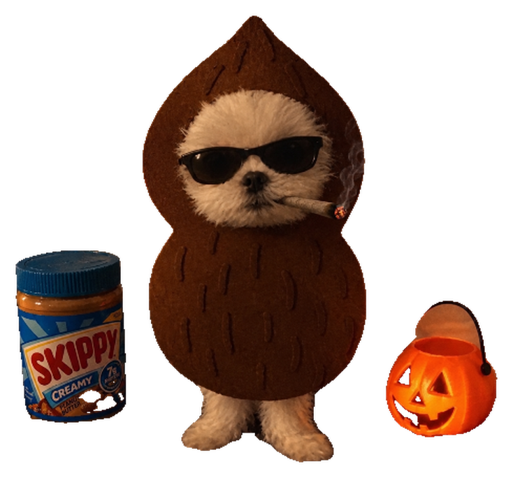 GOOBER, a small white dog in a brown felt peanut costume and dark sunglasses, standing between a peanut butter jar and an orange pumpkin bucket